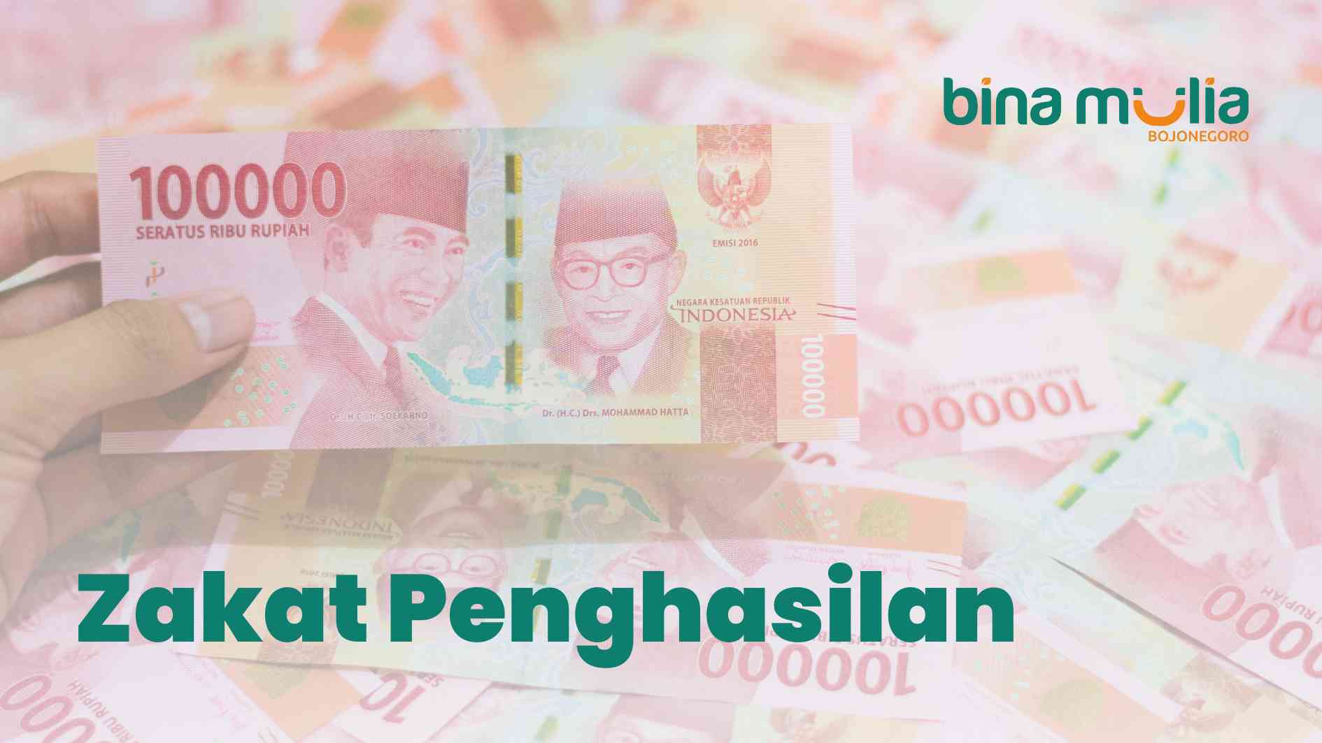  The image shows a pink background with a stack of Indonesian rupiah banknotes and the text "Zakat Penghasilan" (Income Zakat).